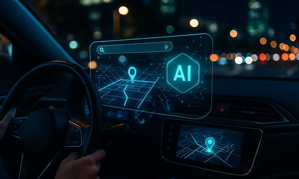 AI-driven search results replacing traditional Google search for car buyers, showing a laptop appearing in an AI-powered search assistant.